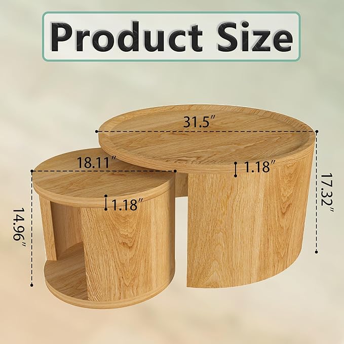 Round Nesting Coffee Table Set of 2, Mid Century Modern Circle Coffee Table, 31.5"&18" Wooden Circle Accent Tables with Wood Top, Minimalist Center Table, Space-Saving Side Table Set for Living Room