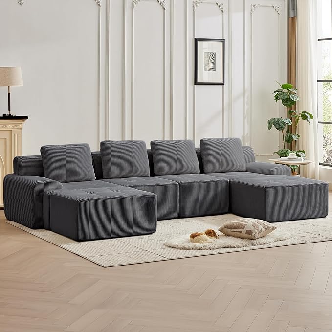 Modular Sectional Sofa with Movable Ottoman, 4 Seat Deep Seat Couch with 4 Pillows, Comfy Cloud Sectional Sofa for Living Room, Bedroom and Apartment (Grey, 1 Left+1 Right+2 Middle+2 Ottoman)