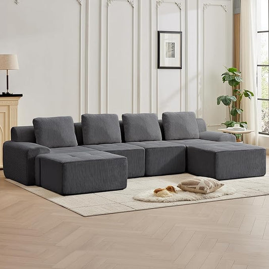 Modular Sectional Sofa with Movable Ottoman, 4 Seat Deep Seat Couch with 4 Pillows, Comfy Cloud Sectional Sofa for Living Room, Bedroom and Apartment (Grey, 1 Left+1 Right+2 Middle+2 Ottoman)