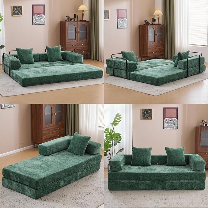 Convertible Floor Sofa Bed, Fold Out Floor Couch with Pillow Back & Armrest, Compressed Couch with Fixed-Shape Frame, Chenille Foldable Sleeper Sofa Bed for Living Room Bedroom, Dark Green