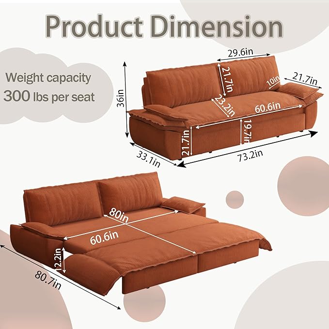 73.2" Queen Size Pull Out Sofa Bed, 3-in-1 Convertible Sleeper, Corduroy Loveseat for Living Room, Apartment, Bedroom Small Spaces, Orange (Mattress & Bedding Not Included)
