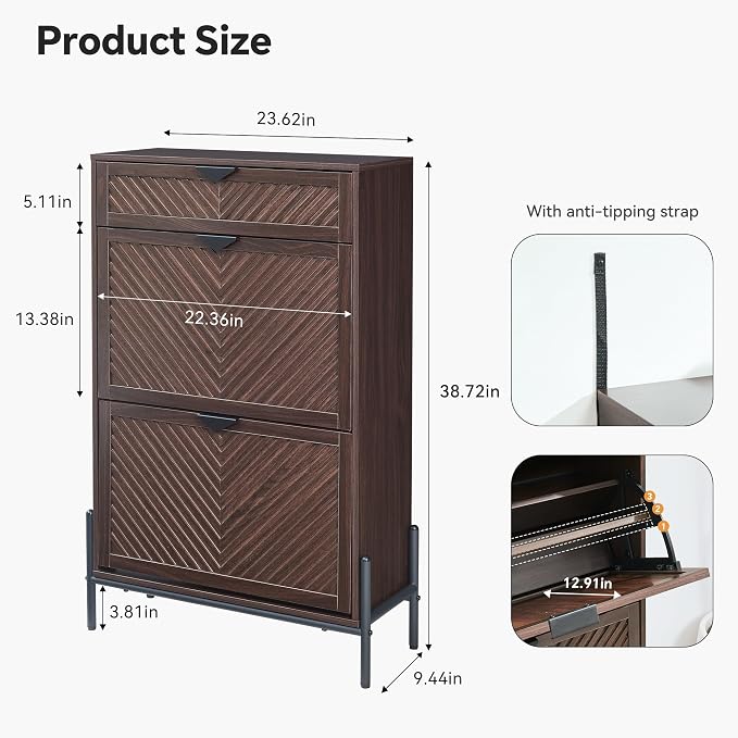 Shoe Cabinet Storage with 2 Flip Drawers, Narrow Hidden Shoes Organizer Cabinet for Entryway, Freestanding Slim Shoe Rack Front Door Entrance(Brown) - Image 8