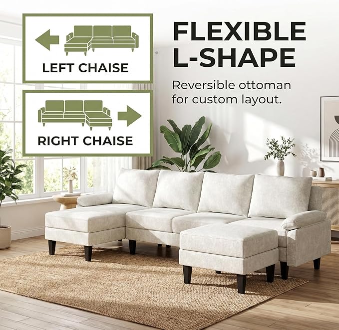 Modern L-Shaped Sectional Sofa with Storage Ottoman, Apartment Sectional Couch with Left Facing Chaise, 3-Piece Living Room Sofa Set, 115 Inch Furniture, Off-White