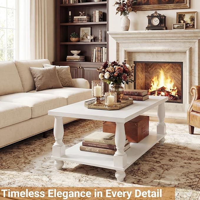Homieasy Farmhouse Coffee Table with Storage, 47" Rectangular Living Room Center Table with Solid Wood Legs and Thickened Top, 2-Tier Wood Coffee Table with Turned Legs, Easy Assembly, White