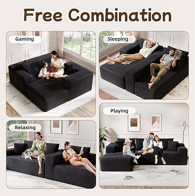 L-Shape Cloud Sectional Sofa, 104” Modern Modular Boneless Couch with Right Chaise Lounge, Compressed Floor Sofa with 5 Pillows & Deep Seat, Rain Drop Velvet Couch for Living Room, Black