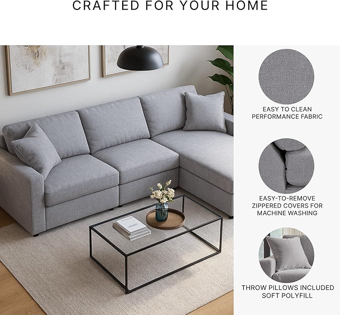 Signature Design by Ashley Modmax Casual L-Shaped Modular Stain Resistant 3-Piece Sectional with Chaise, Reversible Cushions and 2 Accent Pillows, Gray