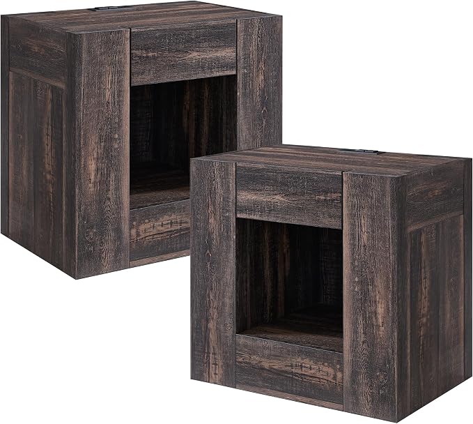 OKD 24" Modern Nightstands Set of 2, Large Wooden Night Stand with Charging Station & Drawer, Side Table Bedroom with Storage Shelf, Rustic End Table, Wood Thick Design, Dark Rustic Oak by OKD