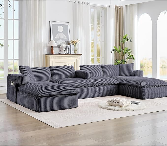 149" Oversized U Shaped Cloud Modular Sectional Sofa Boneless Couch with Double Chaise,Free Combination Convertible Floor Sofa Bed with Storage Pockets and Pillows | No Assembly