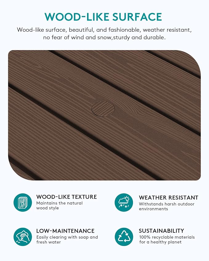 SERWALL Outdoor Coffee Table with 9FT Umbrella, HDPE Patio Coffee Table for Outside, Rectangle, Coffee(Not Include Umbrella Base) - Image 4