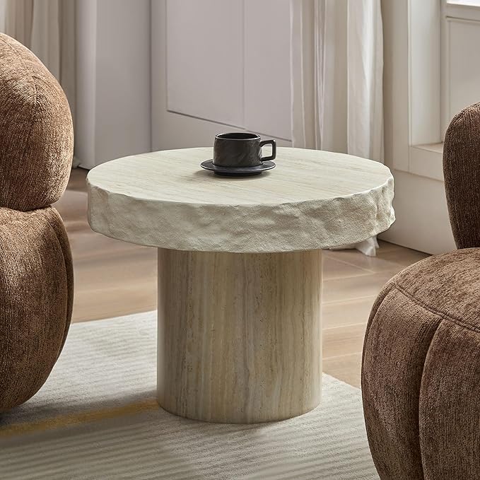 23.82" Round Side Table Small Coffee Table Faux Marble Pattern End Table Cement Stone Sofa Side Table for Living Room Apartment No Assembly