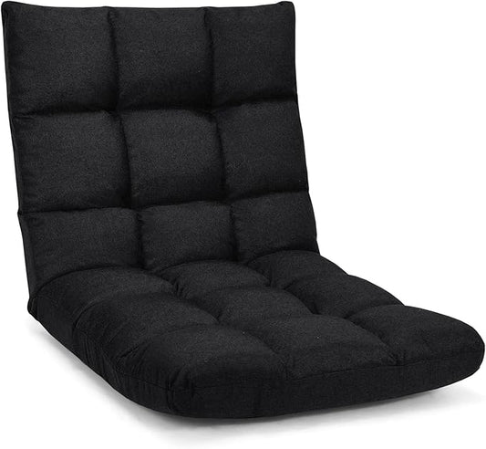 Giantex Adjustable Floor Gaming Sofa Chair 14-Position Cushioned Folding Lazy Recliner High Resilience Sponge, Breathable Cotton & Linen Fabric Sleeper Bed Couch Recliner with Removable Cover (Black)