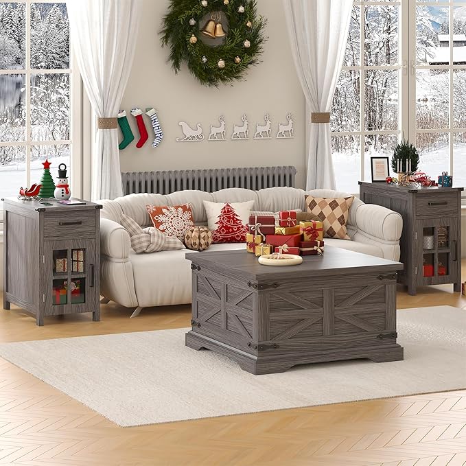 Farmhouse Coffee Table with Storage, Square Center Table for Living Room, Rustic, Hinged Lift Top Soft Close, Wood, Large Hidden Storage, Modern, Metal Corner, Grey