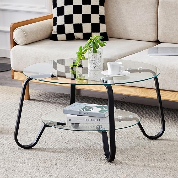 Glass Round Coffee Table for Living Room, 31.5 Inch Tempered Glass Top & Sturdy Metal Frame with Storage Shelf, Modern Small Center Table with 200lb Capacity, Quick & Easy Assembly