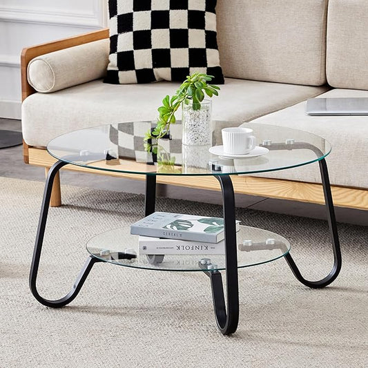 Glass Round Coffee Table for Living Room, 31.5 Inch Tempered Glass Top & Sturdy Metal Frame with Storage Shelf, Modern Small Center Table with 200lb Capacity, Quick & Easy Assembly