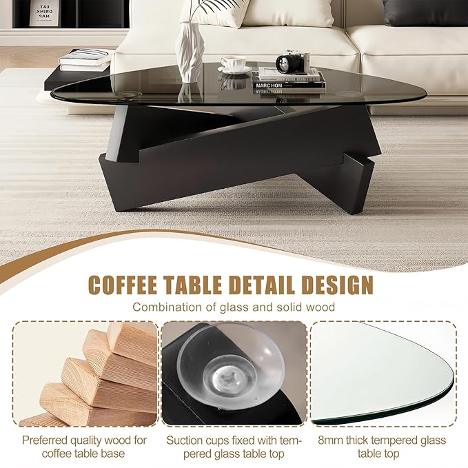 Black Coffee Table for Living Room 35.5'' x 27.5'' x 15.7'' Modern Glass Triangle Center Table with Tempered Glass Top, Cool Solid Wood Tea Table for Small Spaces & Home Office