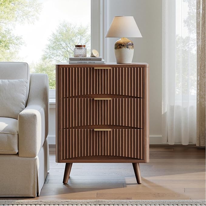 Evermagin 29'' Tall Fluted Nightstand, Walnut Night Stand with 3 Drawers, Wooden Bedside Table, Mid Century Modern Side Table for Bedroom - Image 3
