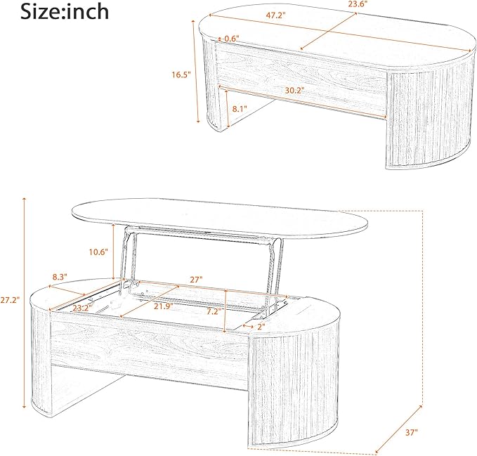 Oval Coffee Table with Lifting Top for Living Room Lift Up Coffee Table with Storage Modern Smart Coffee Tables with Adjustable Lift Table Top Fluted Wooden Center Tables Light Brown 47.2"