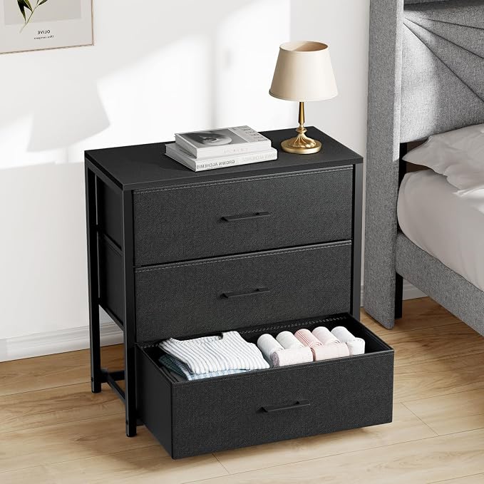 Memobarco Nightstand with 3 Drawers for Bedroom, Storage Dresser with Fabric Drawers and Metal Frame for Closet, Living Room, Bedside Table with Wood Top, Easy Pull Handle, Black by MEMOBARCO