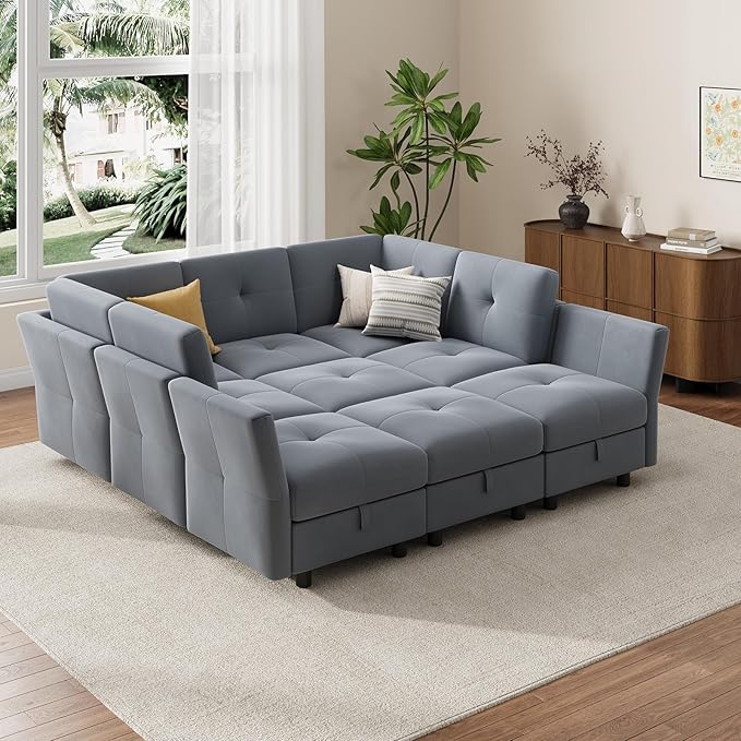 IDEALHOUSE Modular Sectional Sofa, 9 Seat with Storage & Convertible Ottomans, U-Shaped Velvet Couch High Support Design, Modern Living Room Sofa Bed, Blue