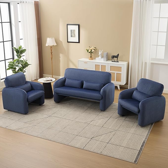 WUTUTUEE Corduroy Accent Living Room Sets, Modern Upholstered Love Seat with 2 Accent Chairs, Wide Comfy Leisure Chair Sets for Bedroom, Office, Blue