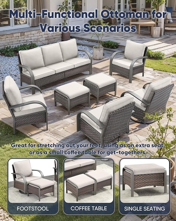 HUMMUH Outdoor Patio Furniture Sets-Wicker Patio Furniture Couch and Swivel Rocker Chairs Conversation Set for Deck Porch Garden Poolside Backyard-Brown/Beige