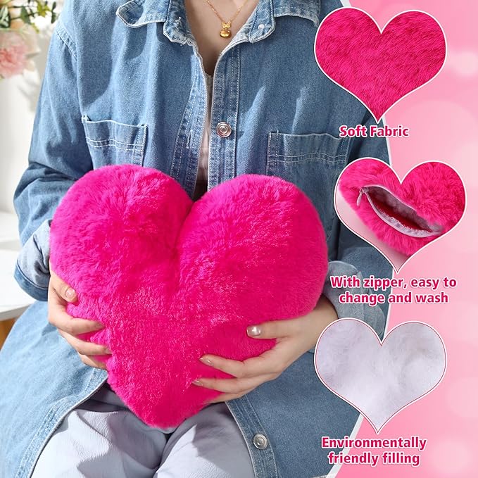 Marsui 2 Pcs Heart Throw Pillows, Soft Fluffy Faux Fur Decorative Hearts Shaped Pillows for Living Room Sofa Bed, Cute Heart Themed Gift for Women(Rose Red,11.81 x 11.02 Inch)