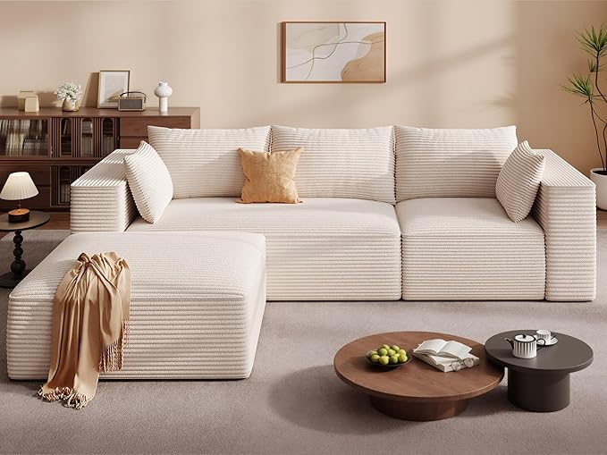 DWVO 108" Modular Sectional Couch with L-Shape Chaise, Modern Cloud Sectional Sofa with Deep Seat, Upholstered Couches for Living Room Bedroom, No Assembly Required, Beige