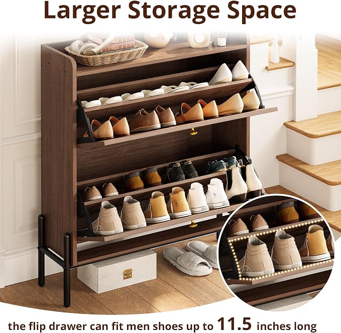 IRONCK Shoe Cabinet Storage with 2 Flip Drawers, Free Standing Wooden Shoe Storage Organizer Cabinet with Rattan Doors for Entryway, Narrow Shoe Rack Cabinet, Walnut - Image 8