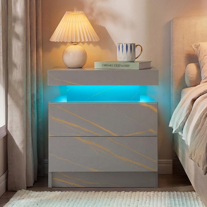 i-aplus Grey Night Stand with 2 Drawers LED Nightstands Bedroom Night Stand for Bedroom, Living Room - Image 3