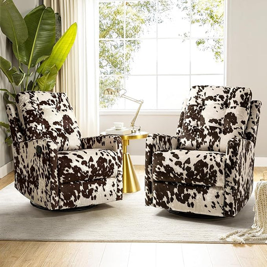 HULALA Home Recliner Chair Set of 2, Modern Printed Fabric for Living Room, Rocker Recliner Sofa Comfy Armchair 360 Degree Swivel, Nursery Rocking Chairs with Adjustable Backrest & Footrest/Brown
