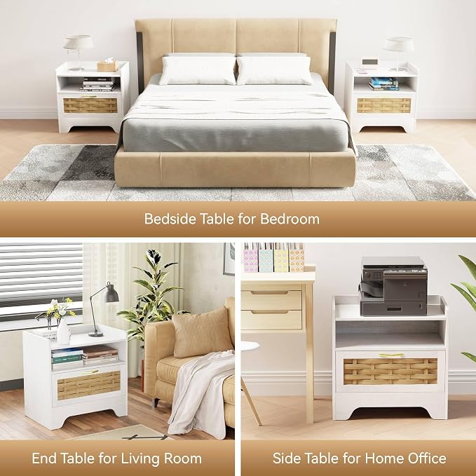 24" Rattan Nightstand, Boho Night Stand with Open Storage, White Bedside Table with Drawer, Bed Side End Table Dresser for Bedroom, Living Room, Hallway - Image 7
