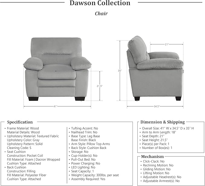 Lexicon Single Sofa Chair for Living Room Accent Chair, Upholstered Armchair Comfy Chair for Bedroom/Office/Waiting Room, Gray
