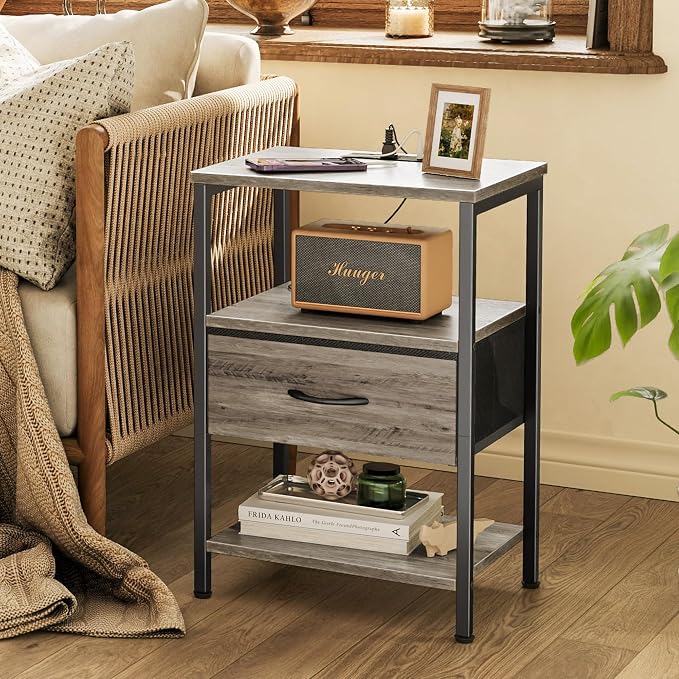 SUPERJARE Nightstand with Charging Station, Bed Side Table with Adjustable Fabric Drawer, Night Stand for Bedroom, 3-Tier Storage End Table, for Living Room, Oak - Image 8