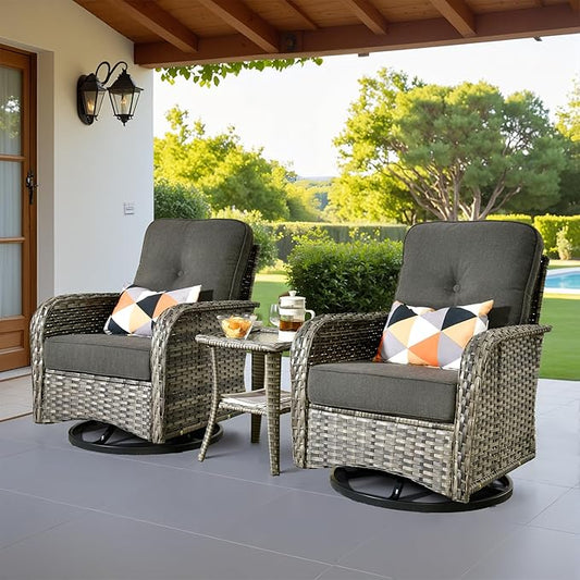 Weaxty Outdoor Swivel Rocker Patio Chairs, 3 Pieces Patio Furniture Set with Rocking Chair and Wicker Side Table, Outdoor Furniture Conversation Set for Porch, Deck, Yard, Balcony, Black