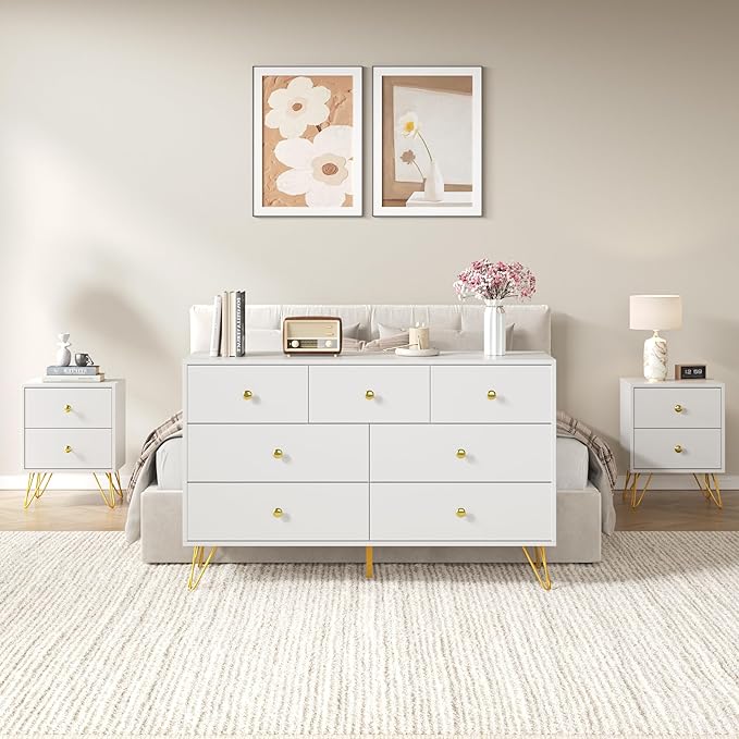 White Dresser and Nightstand Sets for Bedroom,3 Pcs Bedroom Set with Metal Legs, 7 Drawer Dresser & Night Stand Set of 2 with Gold Handles,Bedroom Furniture Sets,Modern Dresser Sets