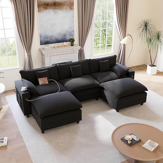 116" Modular Sectional Sofa, U Shaped Cloud Couch with Movable Ottoman, Chenille Deep Seat Cloud Sofa with Charging Station, Cup Holder, Side Pocket, Sectional Couches for Living Room, Black