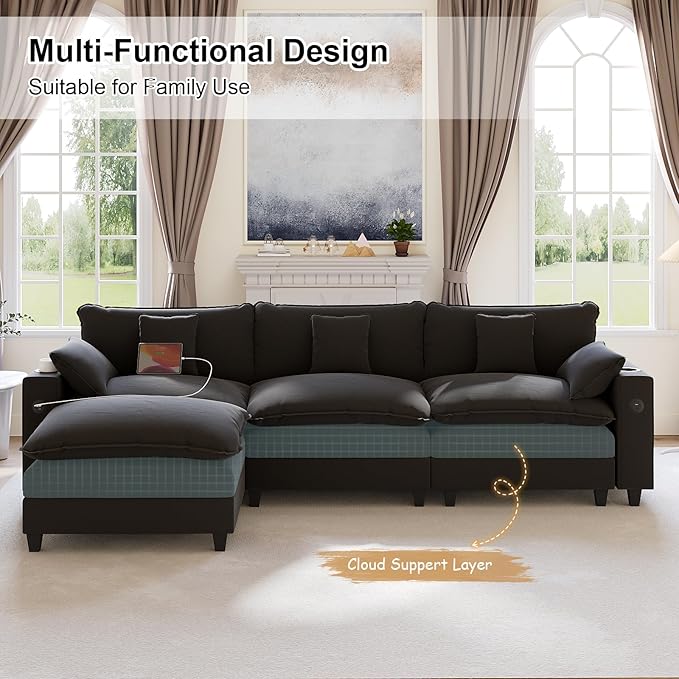 116" Modular Sectional Sofa, L Shaped Cloud Couch with Movable Ottoman, Chenille Deep Seat Cloud Sofa with Charging Station, Cup Holder, Side Pocket, Sectional Couches for Living Room, Black