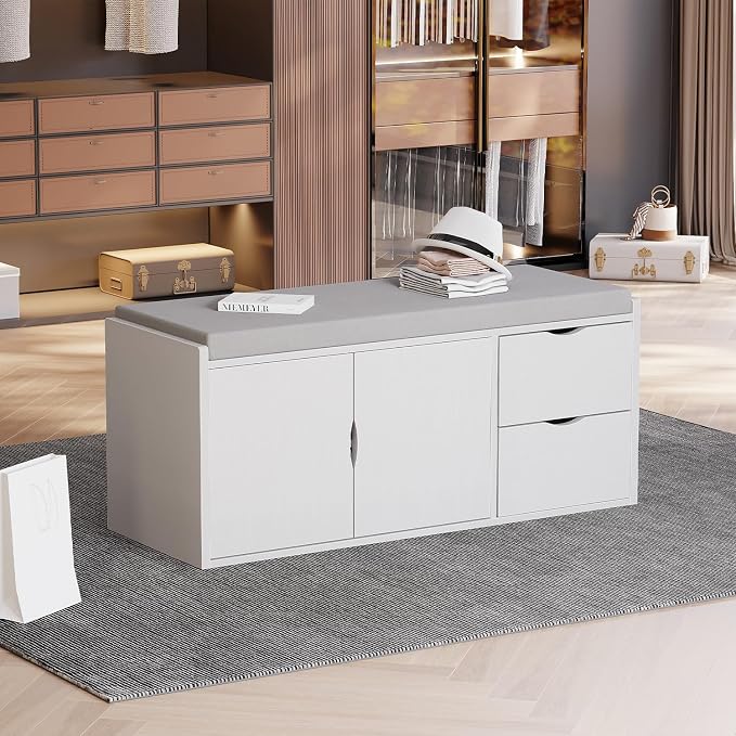 LVB Storage Entryway Bench, Long Shoe Bench with Drawers Storage Shelf, Modern Entry Way Bench with Padded Cushioned Seating, Wood Shoe Rack Benchs for Foyer Entrance Living Bedroom, White Oak, 40in - Image 9