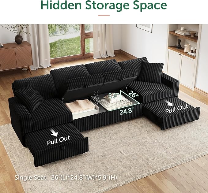 HONBAY 121.3 Inch Modular Sectional Sofa, L & U Shaped Pull Out Couch with Adjustable Backrest & Storage, Velvet Black