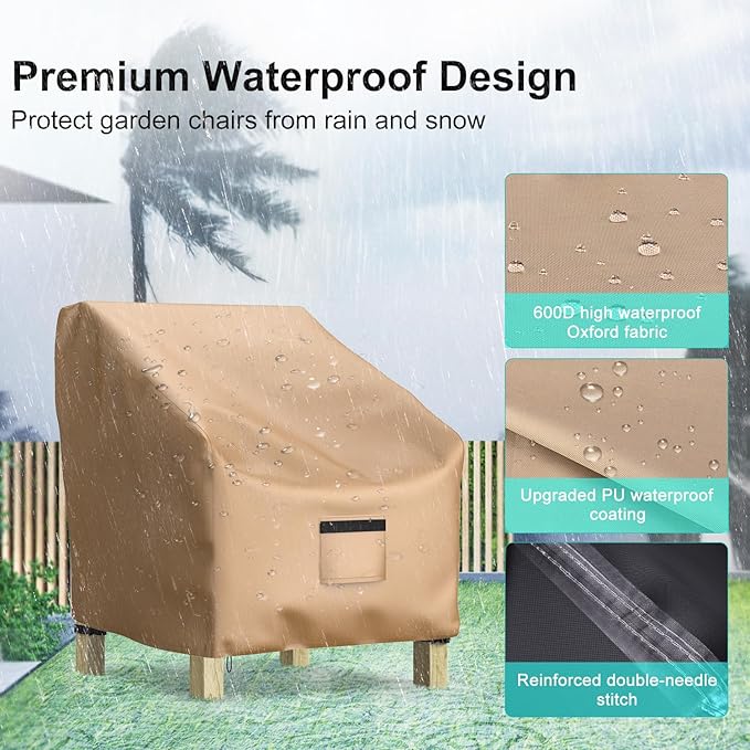 Patio Chair Covers for Outdoor Furniture Waterproof 2 Pack, Lawn Chair Covers 600D Heavy Duty Oxford Cloth, Large Covers for Lounge Lawn Deep Seat 32" W x 37" D x 36" H-Brown - Image 4