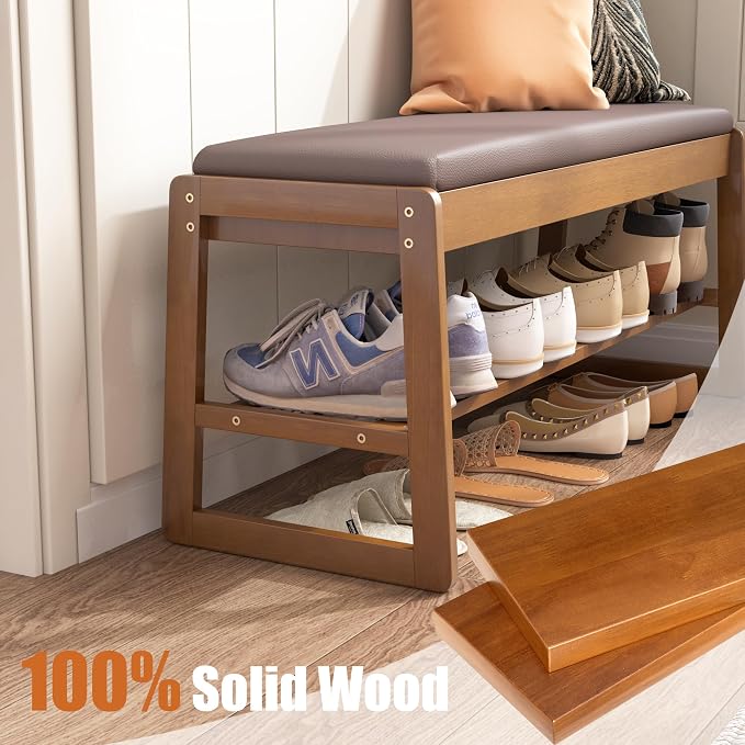 Shoe Storage Bench with Cushion - 2-Tier Shoe Rack Entryway Bench with Flip-Top Storage, Walnut Wooden Shoes Benches Organizer for Entryway, Hallway, Living Room, Bedroom, Closet(Walnut, 39.4" W) - Image 7