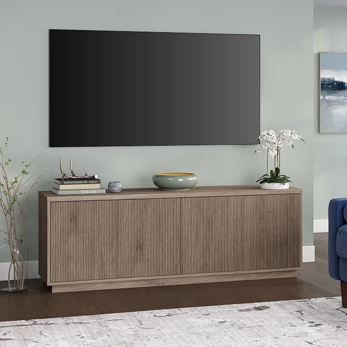 Henn&Hart Fluted TV Stand for TVs up to 75" with 2 Concealed Ribbed Storage Cabinets and Adjustable Shelves for Living Room, Family Room, or Office, Weathered Gray - Image 6