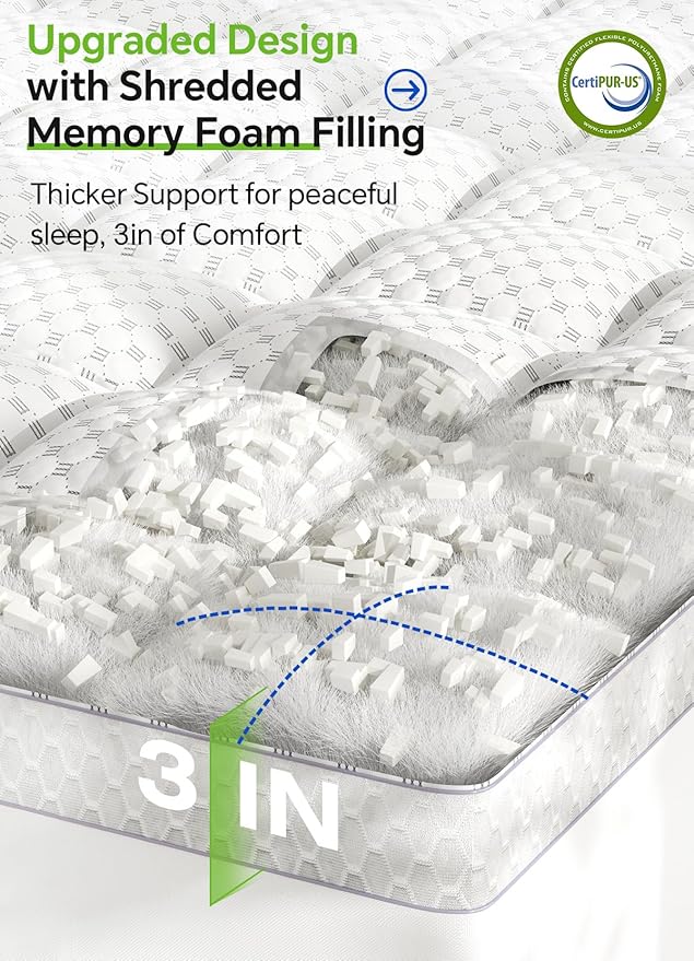 BEDELITE Queen Mattress Topper 3 Inch Thick Mattress Pad, Plush Pillow Top Bed Cover with Elastic Deep Pockets Up to 6-24 Inch for Pressure Relief, Shredded Memory Foam Filling (White)