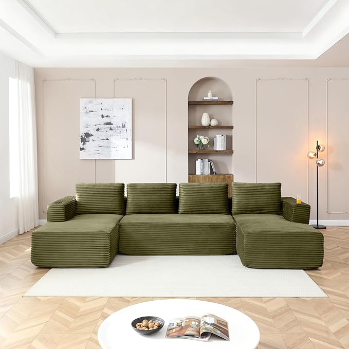 132-Inch U-Shaped Cloud Sectional Couch, Symmetrical Modular Compressed Boneless Sectional Sofa with Chaise Lounges, Plush Corduroy Boneless Corner Sofa W/Cupholders