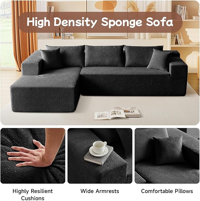 104” Sectional Cloud Couch, L-Shape Compressed Sofa with Left Chaise Lounge, Modern Modular Cloud Couches with 2 Pillows & Deep Seat, Rain Drop Velvet Floor Sofa for Living Room, Black