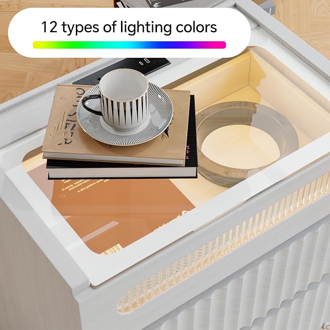 NightStand Set of 2 with Charging Station,with LED Lights and Tempered Glass Panel,Modern Bedside Tablewith 2 Fluted Drawers and One Glass Drawer,Hidden Handles End Table,Bedroom of Nightstand(White) - Image 7