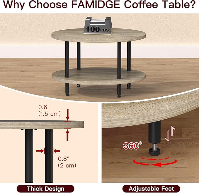 Coffee Table, 2 Tier Coffee Tables for Living Room, Round Coffee Table with Storage, Floor Table for Bedroom, Home Office, Nature Brown (23.6" D x 18.1" H)