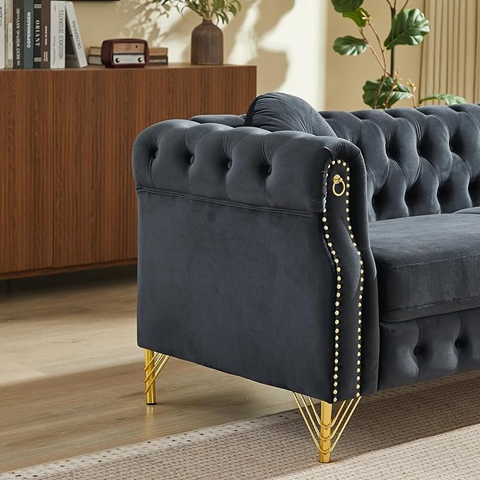 ERYE 82-Inch Button Tufted Sofa Couch with 2 Round Pillows, 3 Seat Velvet Tufted Sofa Spacious Chesterfield Loveseat Couches W/Nailhead Decor,Ring Accent & Golden Legs