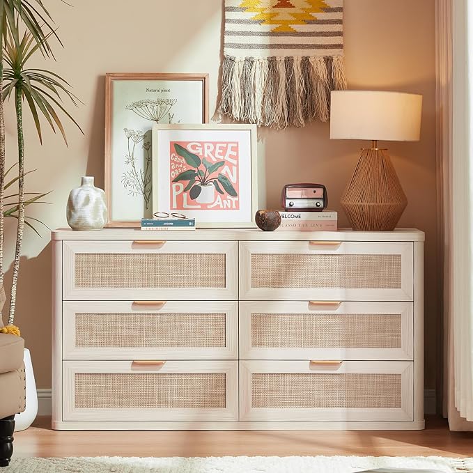 LEYAOYAO Rattan 6 Drawer Dresser for Bedroom Set of 2, Boho 54" Wide White Dresser Chest of Drawers, Dressers TV Stand with Metal Handle, Storage Dressers Closet Organizer for Living Room, Hallway - Image 4
