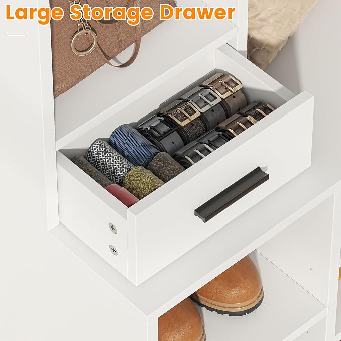 Semoic Farmhouse Hall Tree with 2 Independent Drawers,6-in-1 Entryway Bench with Coat Rack Adjustable Shoe Storage for Foyer/Hallway,White - Image 4